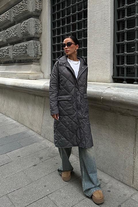Zipper and Hooded Long Quilted Coat 7062