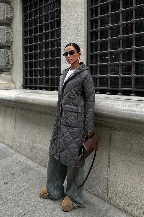 Zipper and Hooded Long Quilted Coat 7062