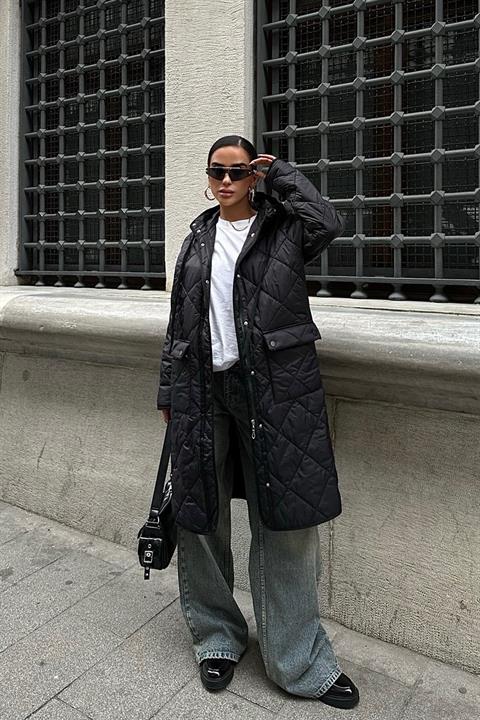 Zipper and Hooded Long Quilted Coat 7062