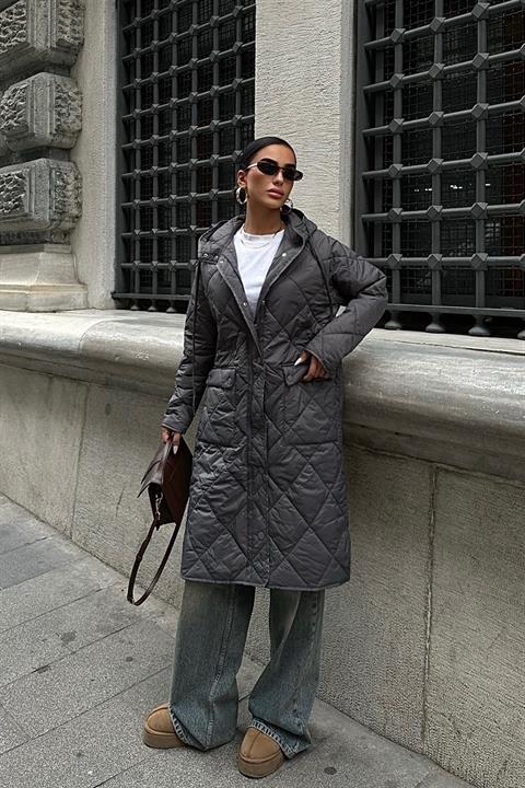 Zipper and Hooded Long Quilted Coat 7062