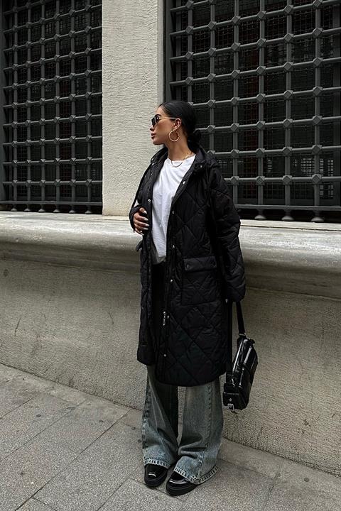 Zipper and Hooded Long Quilted Coat 7062