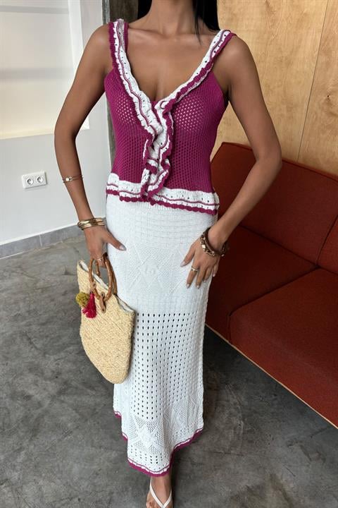 Ruffle Detailed Long Skirt Knitwear Suit 10115