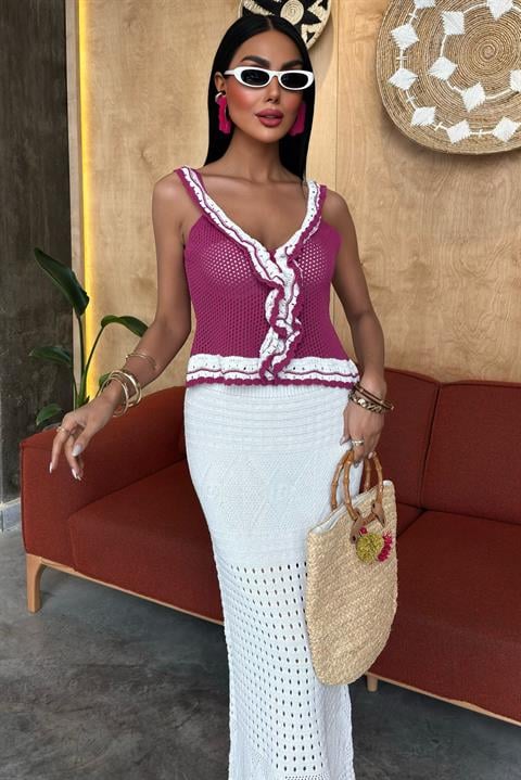 Ruffle Detailed Long Skirt Knitwear Suit 10115