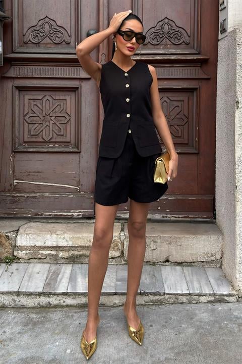 Gold Button Detailed Vest Shorts Cotton Set 10134-17