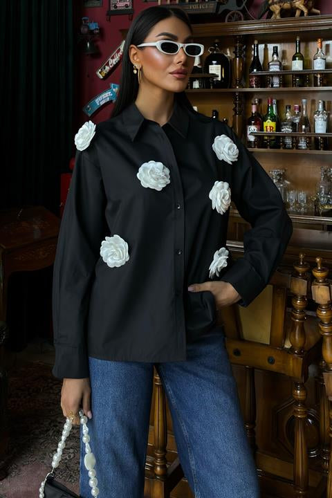 Poplin Shirt with Rose Accessory 3442