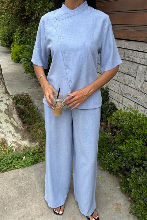 Magnificent Collar Cross Buttoned Plazzo Trousers Viscon Linen Suit 10091