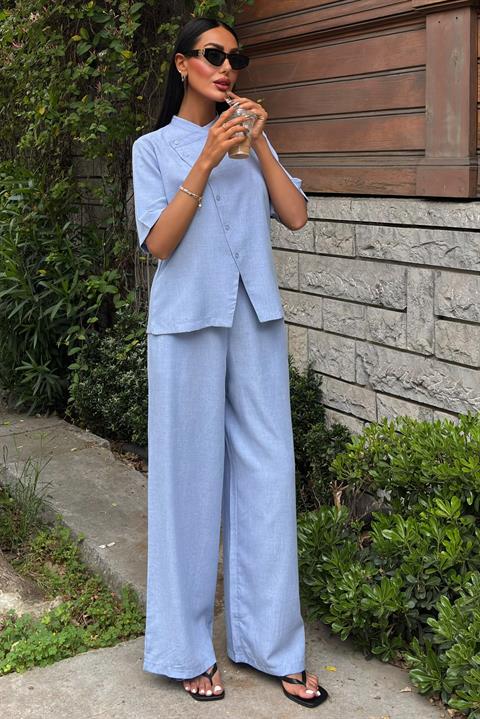 Magnificent Collar Cross Buttoned Plazzo Trousers Viscon Linen Suit 10091