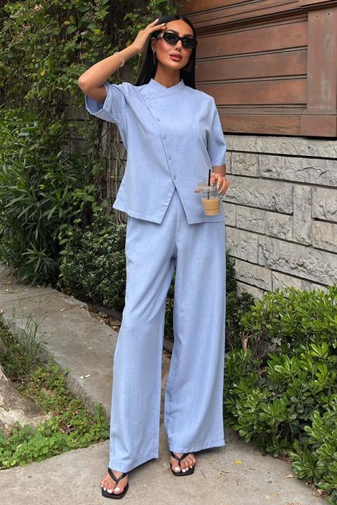 Magnificent Collar Cross Buttoned Plazzo Trousers Viscon Linen Suit 10091