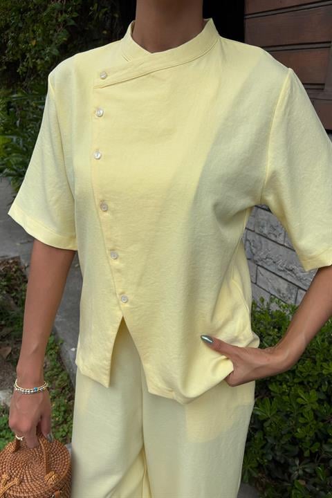 Grandad Collar Cross Button Plazzo Trousers Viscose Linen Suit 10209