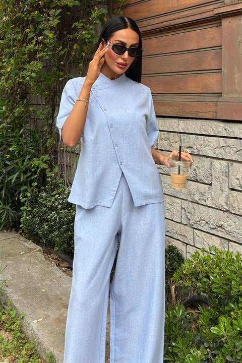 Magnificent Collar Cross Buttoned Plazzo Trousers Viscon Linen Suit 10091