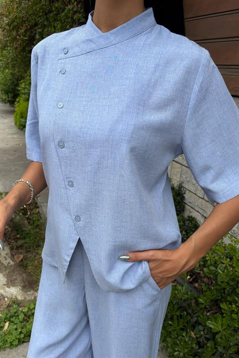 Magnificent Collar Cross Buttoned Plazzo Trousers Viscon Linen Suit 10091