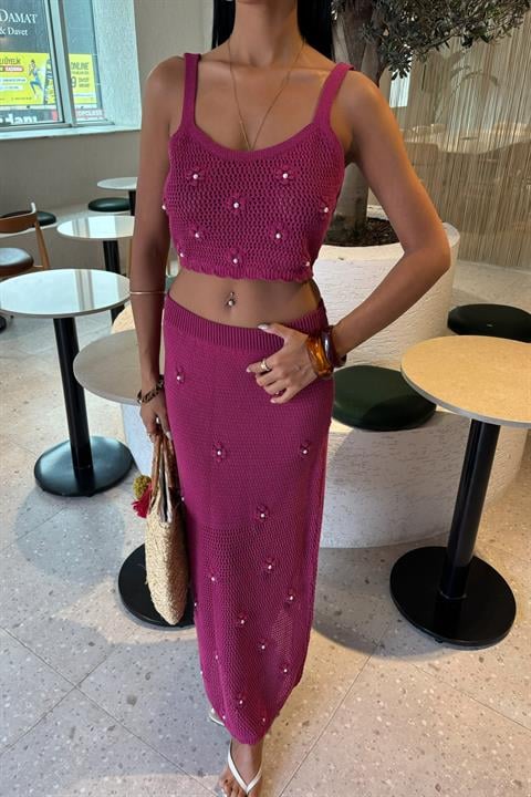 Pearl and Flower Detailed Bustier Knitwear Suit 10100
