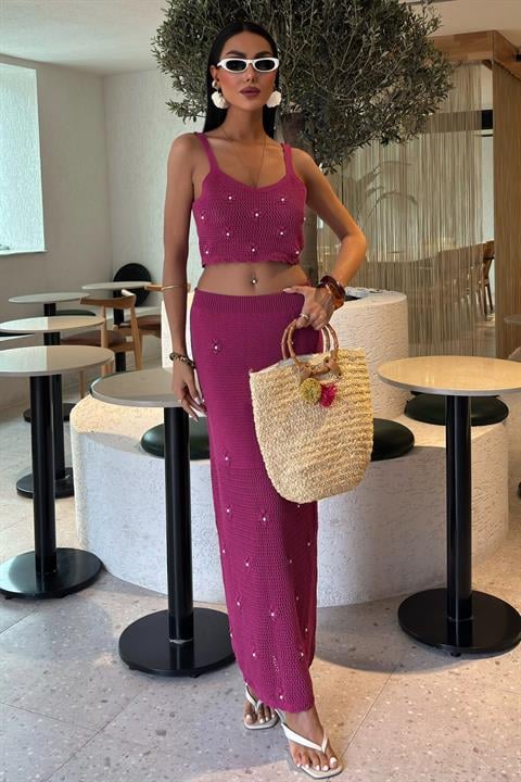 Pearl and Flower Detailed Bustier Knitwear Suit 10100