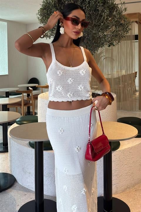 Pearl and Flower Detailed Bustier Knitwear Suit 10100