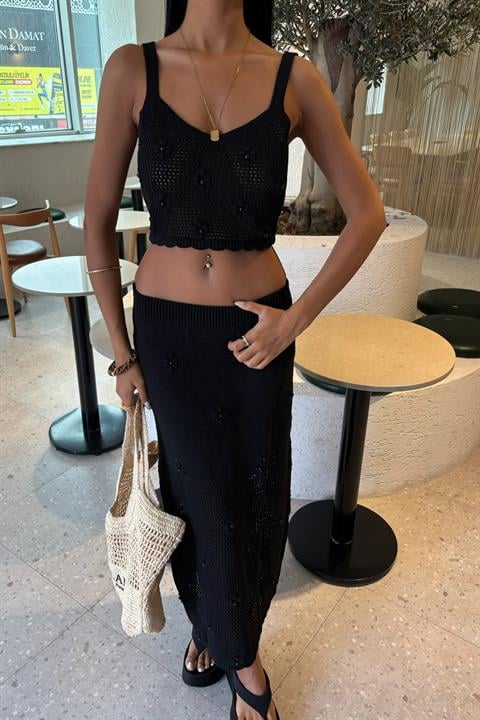 Pearl and Flower Detailed Bustier Knitwear Suit 10100