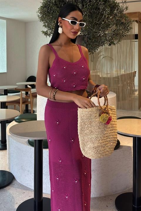 Pearl and Flower Detailed Bustier Knitwear Suit 10100