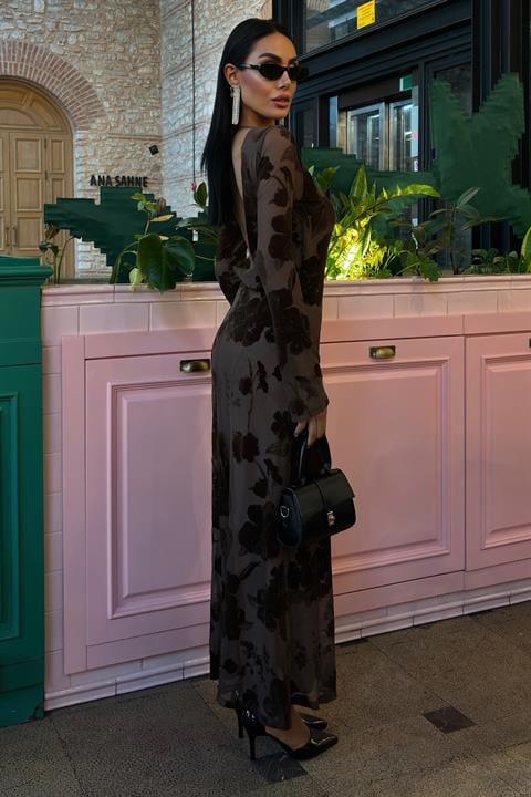 Velvet Printed Backless Lined Dress 2825