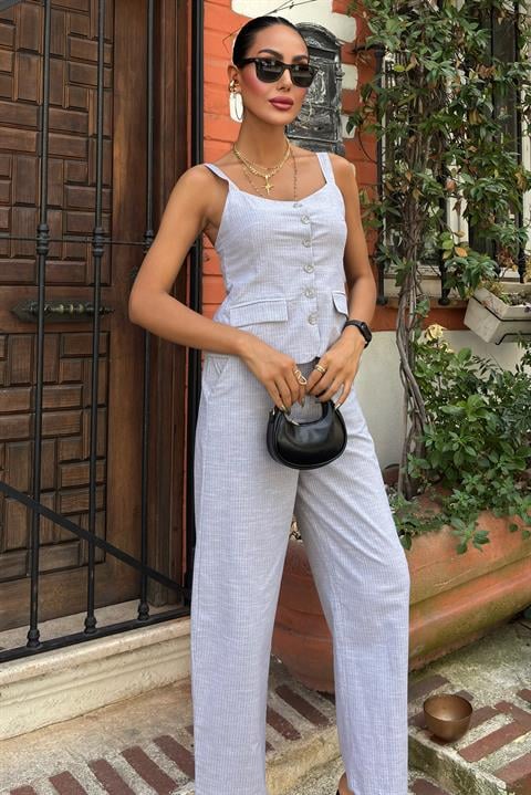 Thick Strap Blouse Trousers Linen Suit 10187