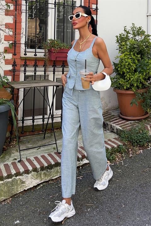 Thick Strap Blouse Trousers Linen Suit 10187