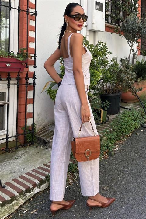 Thick Strap Blouse Trousers Linen Suit 10187
