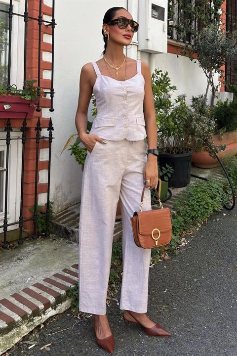 Thick Strap Blouse Trousers Linen Suit 10187