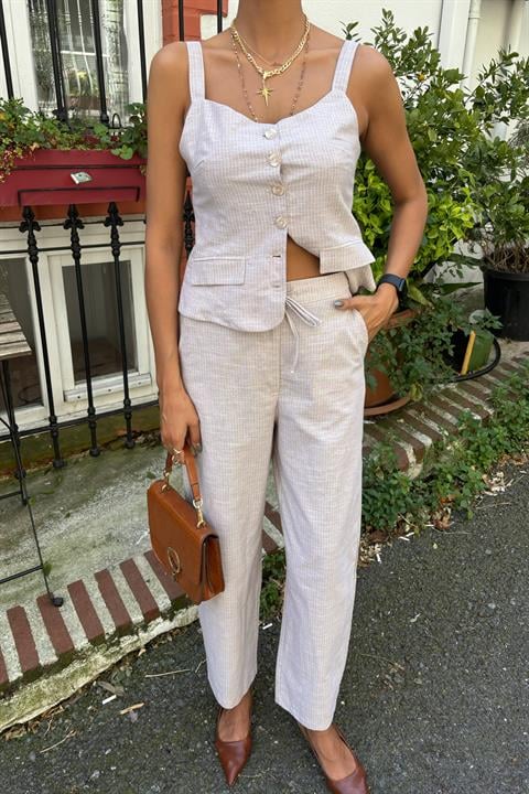 Thick Strap Blouse Trousers Linen Suit 10187