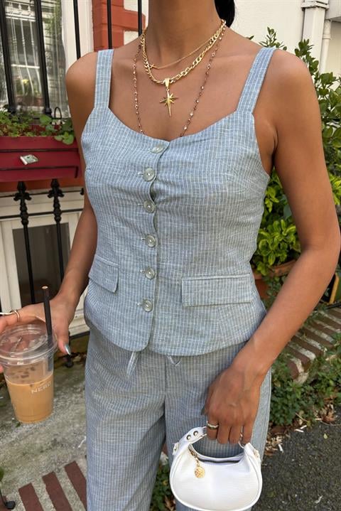 Thick Strap Blouse Trousers Linen Suit 10187