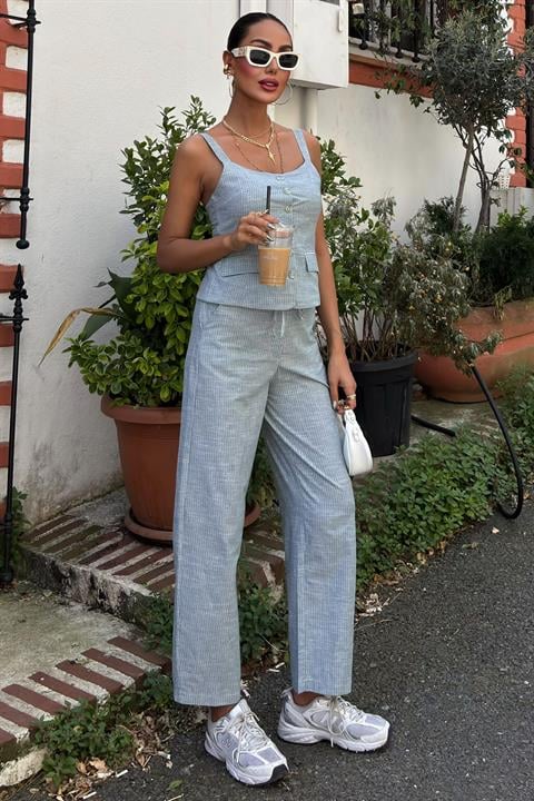 Thick Strap Blouse Trousers Linen Suit 10187