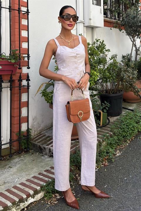 Thick Strap Blouse Trousers Linen Suit 10187