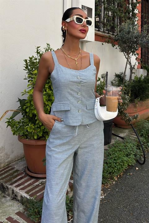 Thick Strap Blouse Trousers Linen Suit 10187