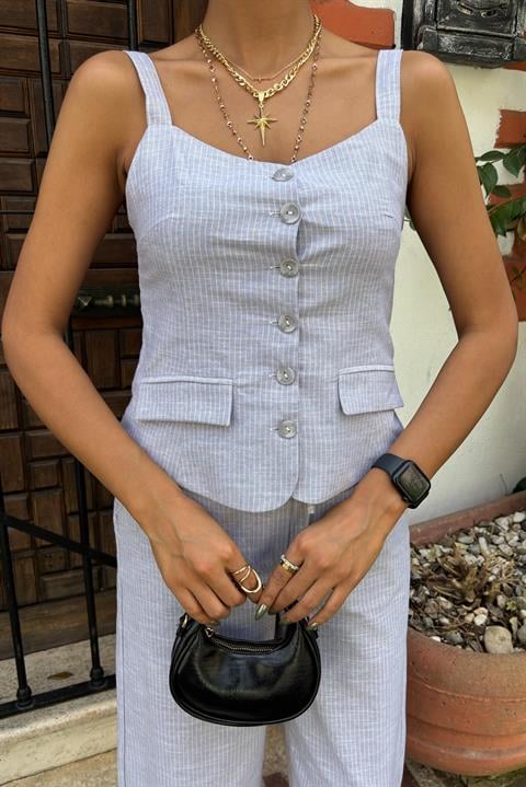 Thick Strap Blouse Trousers Linen Suit 10187
