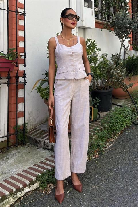 Thick Strap Blouse Trousers Linen Suit 10187