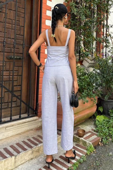 Thick Strap Blouse Trousers Linen Suit 10187