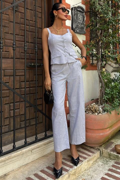 Thick Strap Blouse Trousers Linen Suit 10187