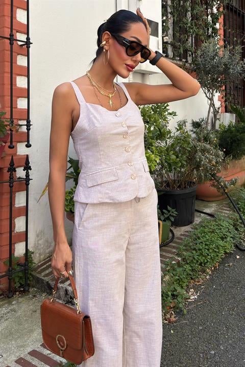 Thick Strap Blouse Trousers Linen Suit 10187