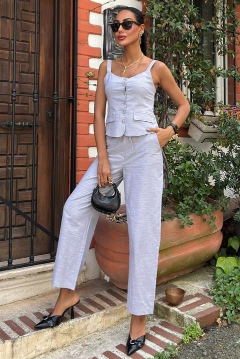 Thick Strap Blouse Trousers Linen Suit 10187