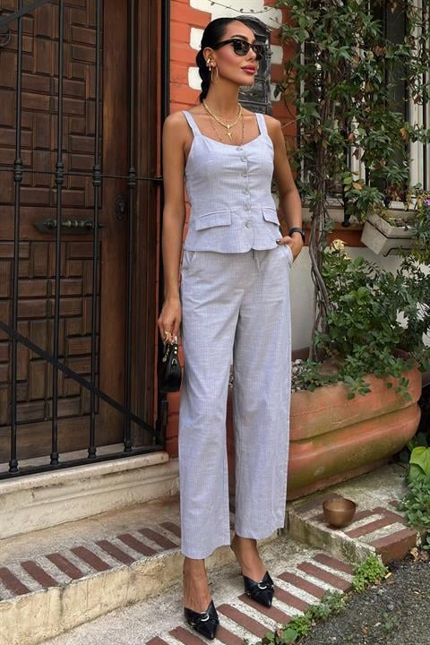 Thick Strap Blouse Trousers Linen Suit 10187
