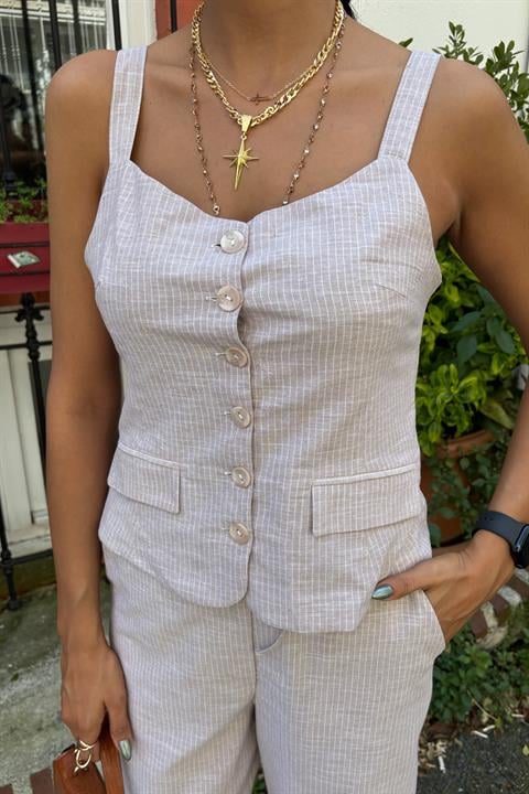 Thick Strap Blouse Trousers Linen Suit 10187