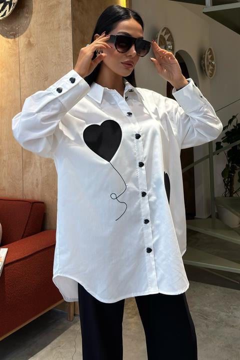 Heart Embroidered and Button Detailed Oversize Shirt 3430