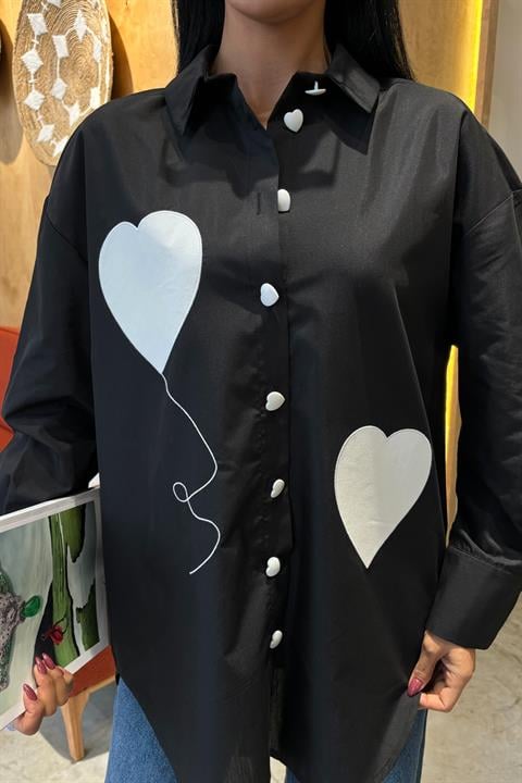 Heart Embroidered and Button Detailed Oversize Shirt 3430