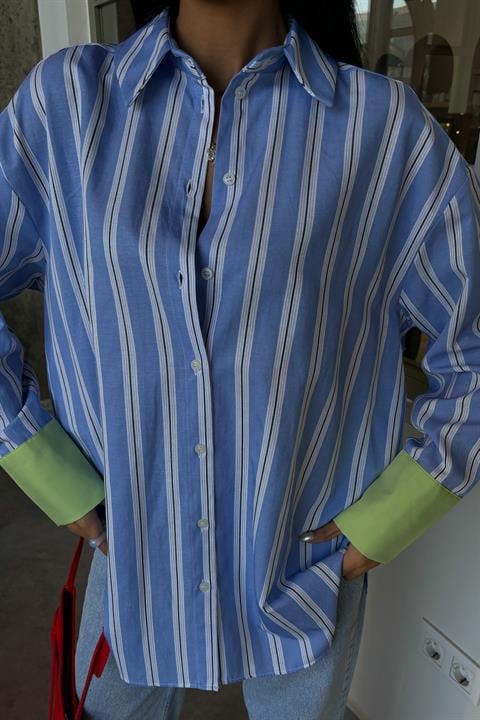 Sleeve Cuff Detail Striped Oversize Shirt 3405