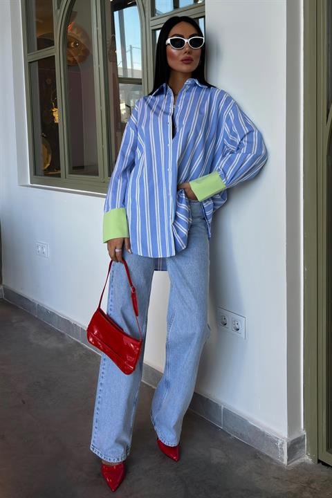 Sleeve Cuff Detail Striped Oversize Shirt 3405