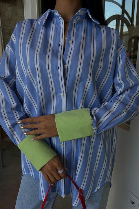 Sleeve Cuff Detail Striped Oversize Shirt 3405