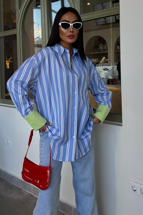 Sleeve Cuff Detail Striped Oversize Shirt 3405