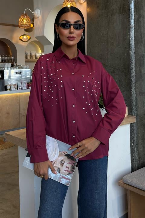 Crystal Stone Embellished Poplin Shirt 3413