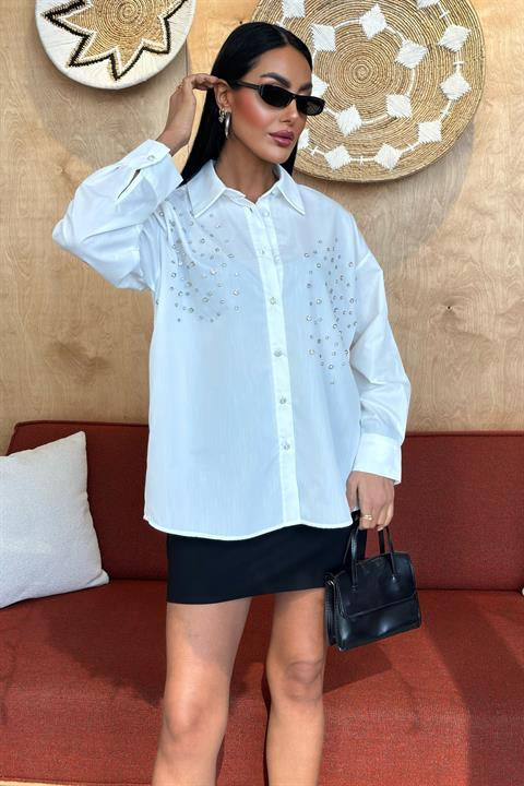 Crystal Stone Embellished Poplin Shirt 3413