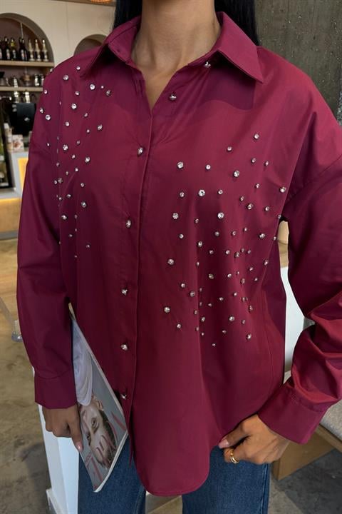 Crystal Stone Embellished Poplin Shirt 3413