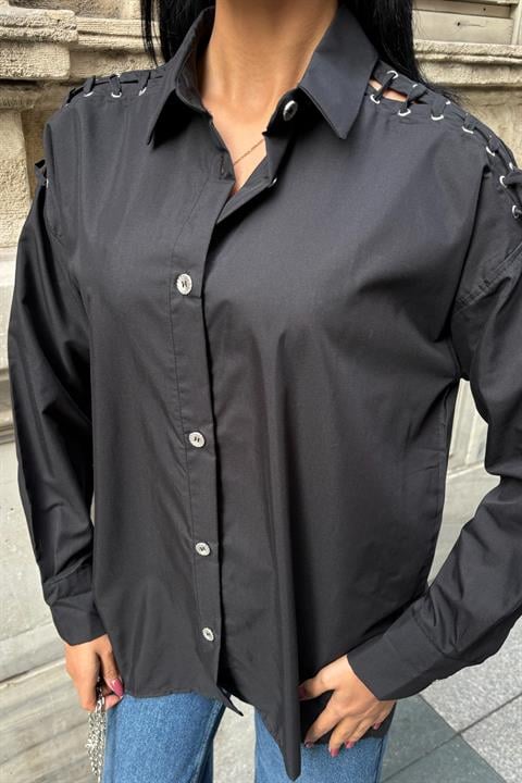Poplin Shirt with Eyelet and Piping Detail 3419