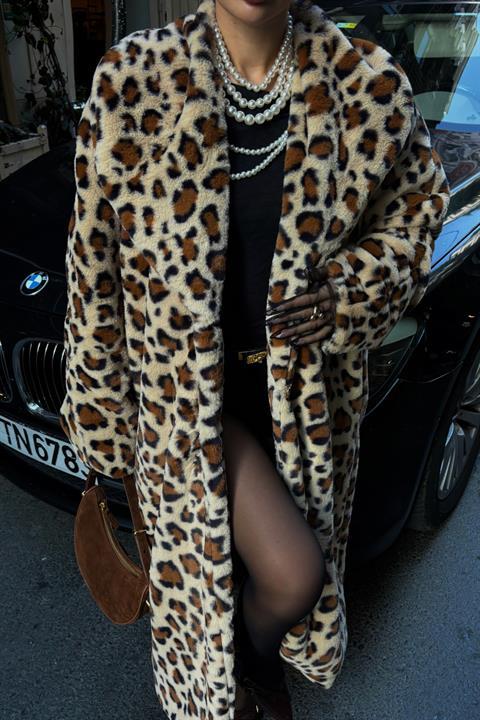 Leopard Patterned Lined Plush Coat 7065