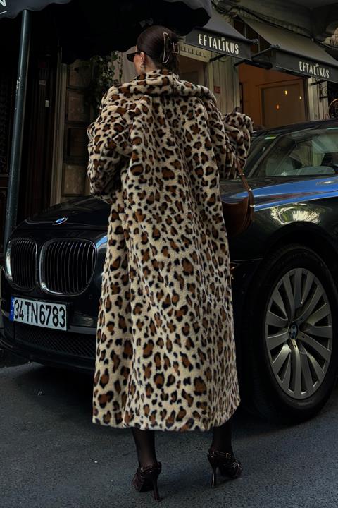 Leopard Patterned Lined Plush Coat 7065